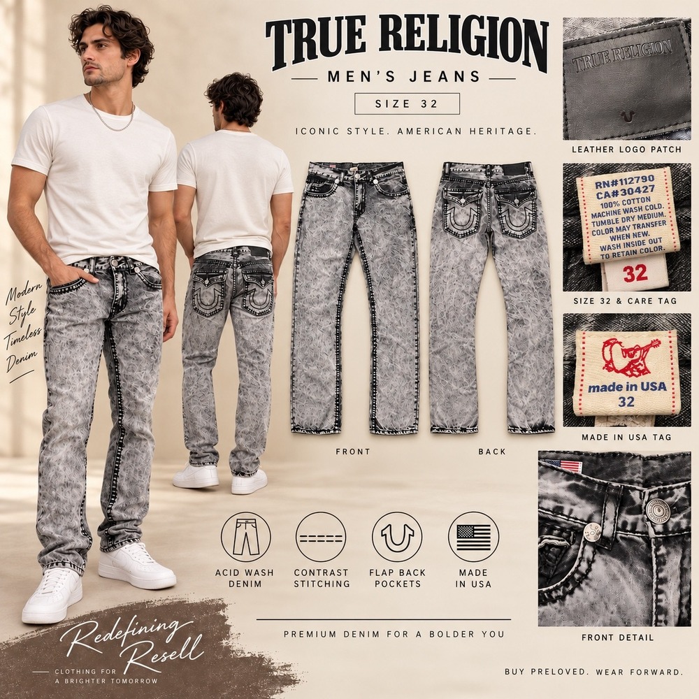 True Religion Mens Acid Wash Jeans 32 Made in USA Flap Pocket Contrast Stitch